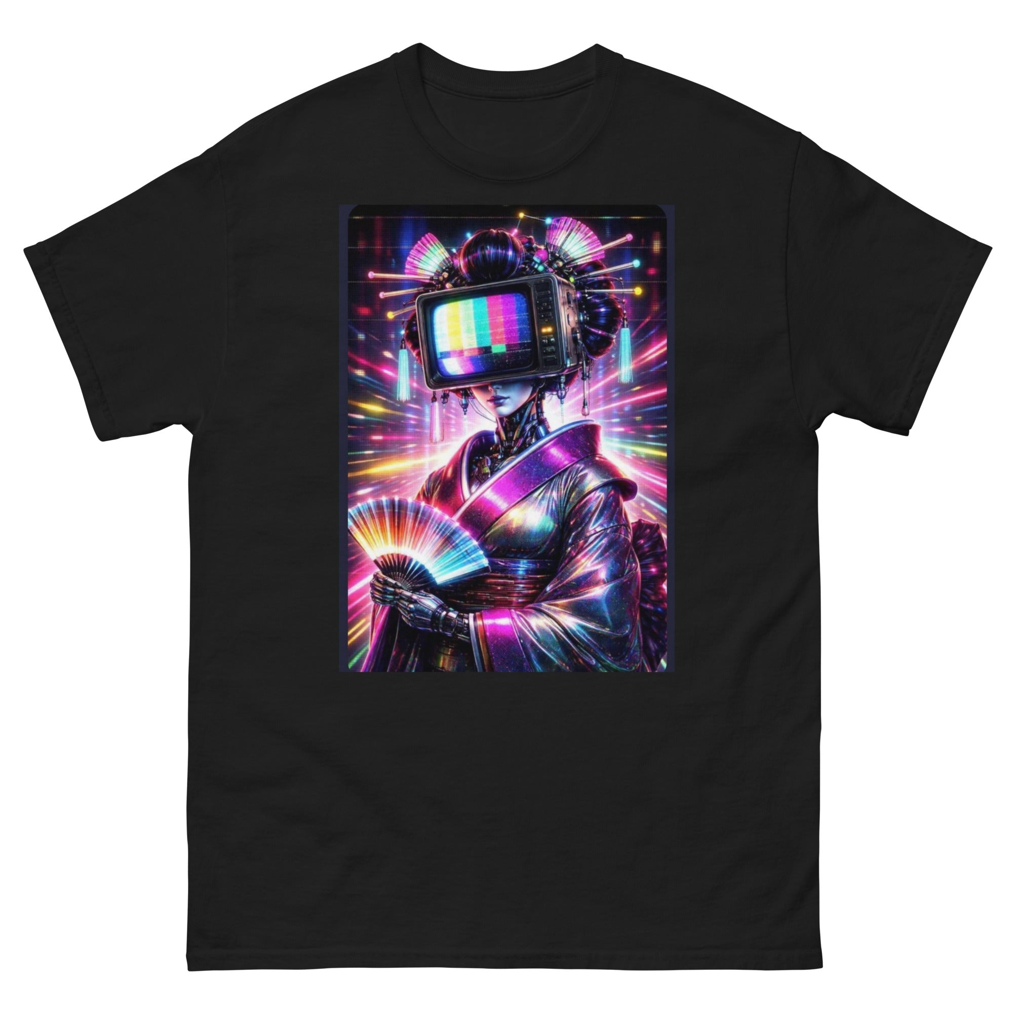 Black t-shirt with a colorful robot design on a white background
