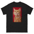 Black t-shirt with a graphic of a cat wearing jewelry on a red background