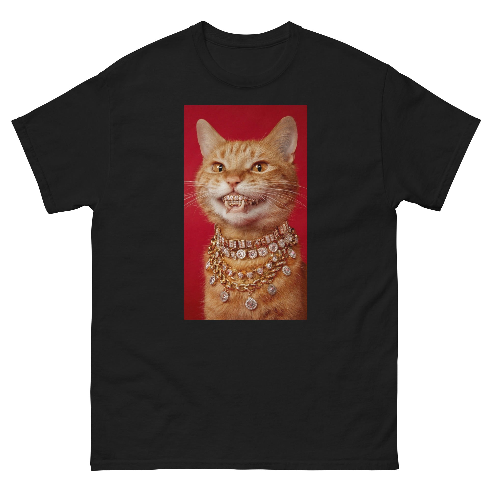 Black t-shirt with a graphic of a cat wearing jewelry on a red background
