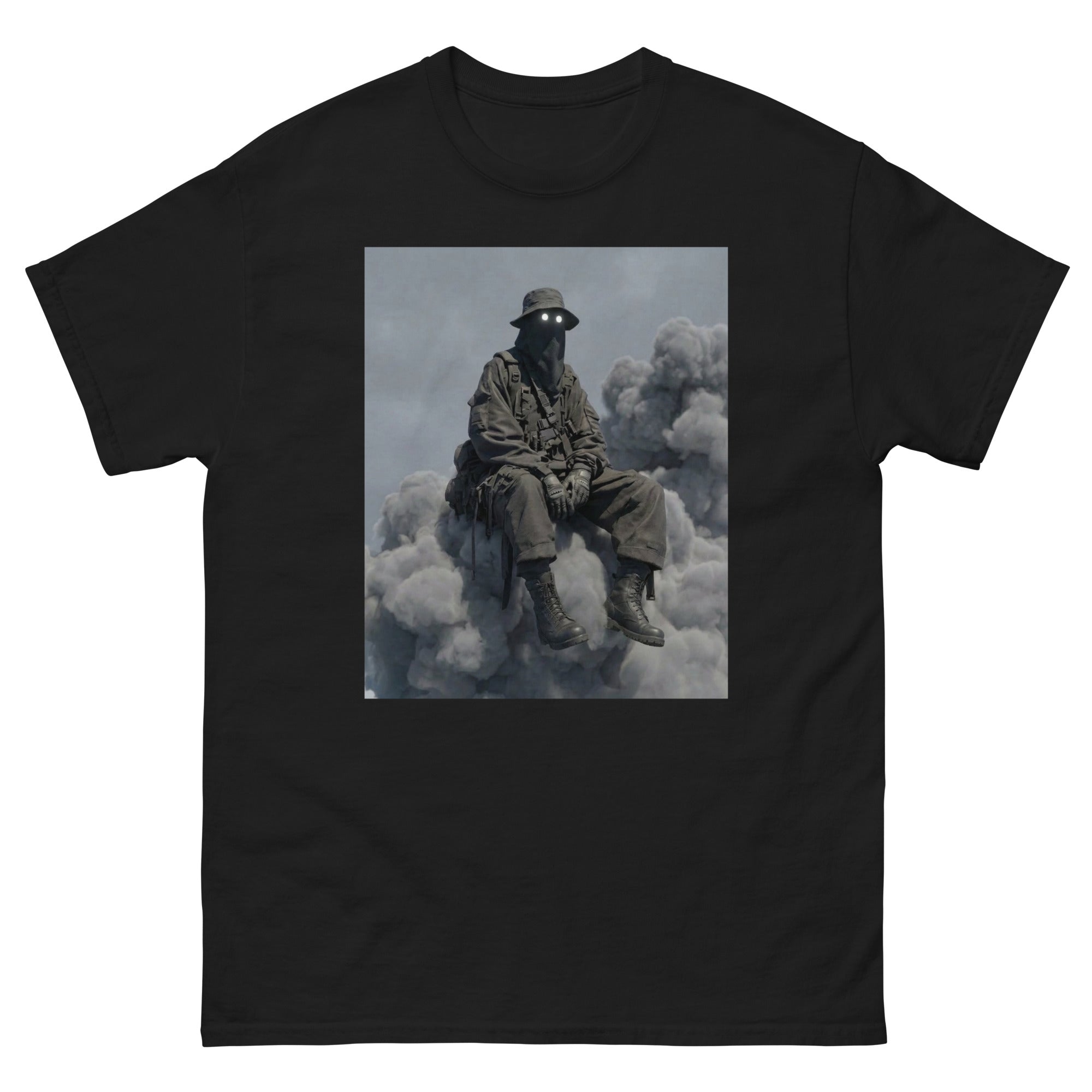 Black t-shirt with a graphic of a person sitting on clouds on a white background