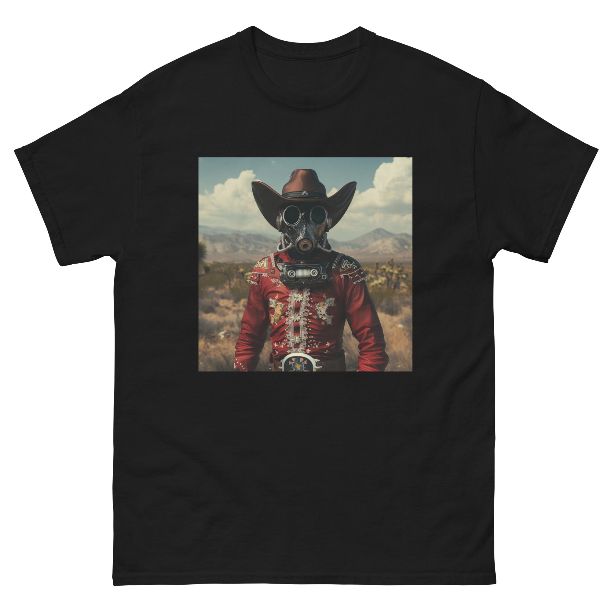 Black t-shirt with a graphic of a person wearing a gas mask and cowboy hat in a desert setting.