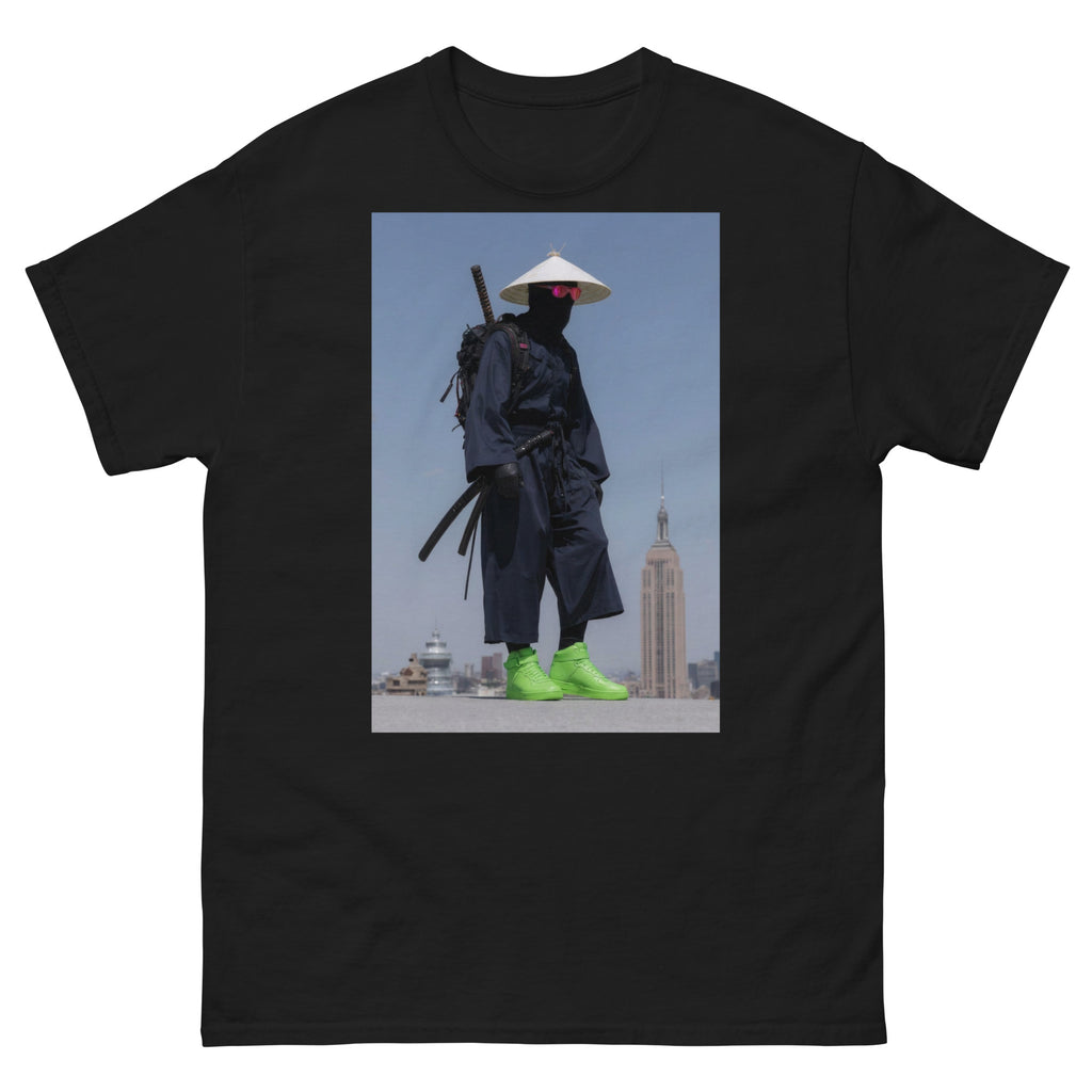 Black t-shirt with a graphic of a person in traditional attire with modern cityscape background